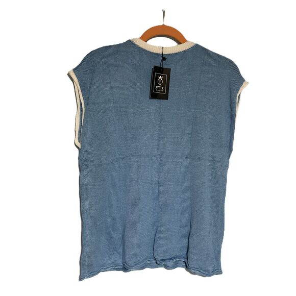 Etcyy Medium Blue White Knit Sweater Vest Top - Picture 3 of 6
